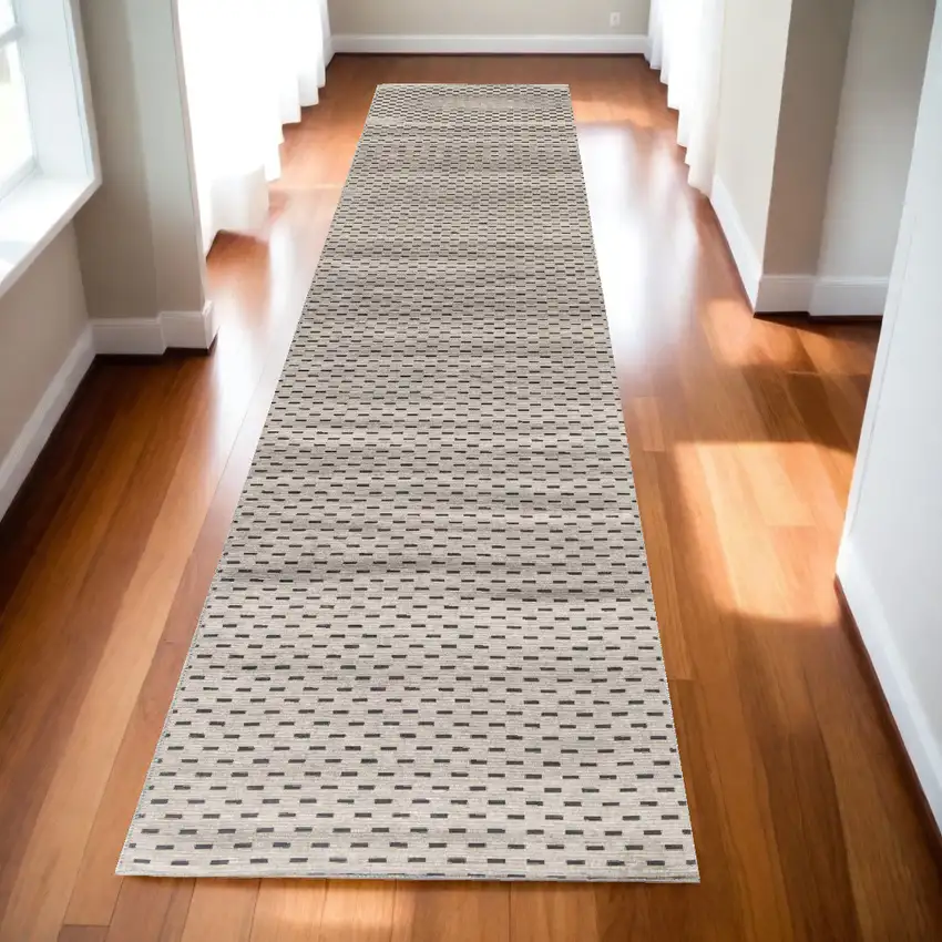 Beige and Black Geometric Power Loom Washable Non Skid Runner Rug Photo 1