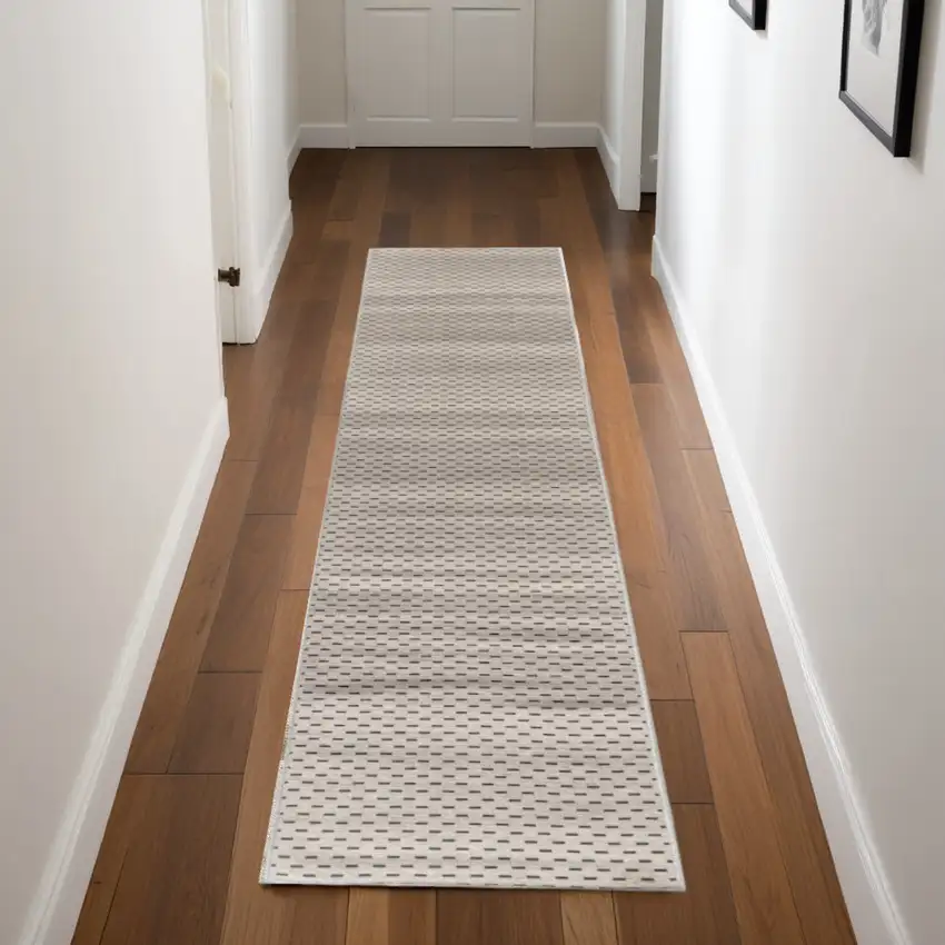 Beige and Black Geometric Power Loom Washable Non Skid Runner Rug Photo 1
