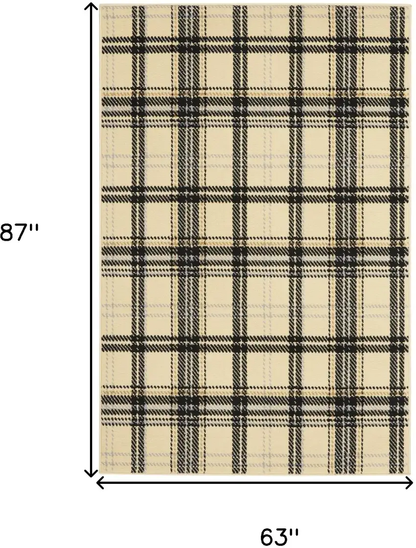 Beige and Black Plaid Power Loom Area Rug Photo 3