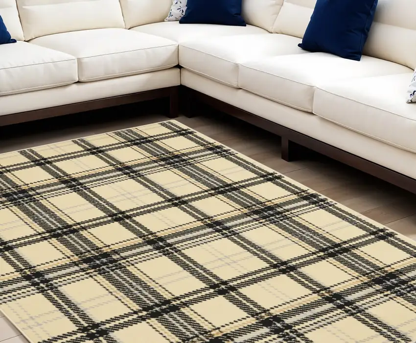 Beige and Black Plaid Power Loom Area Rug Photo 1