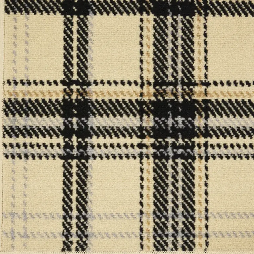 Beige and Black Plaid Power Loom Runner Rug Photo 5