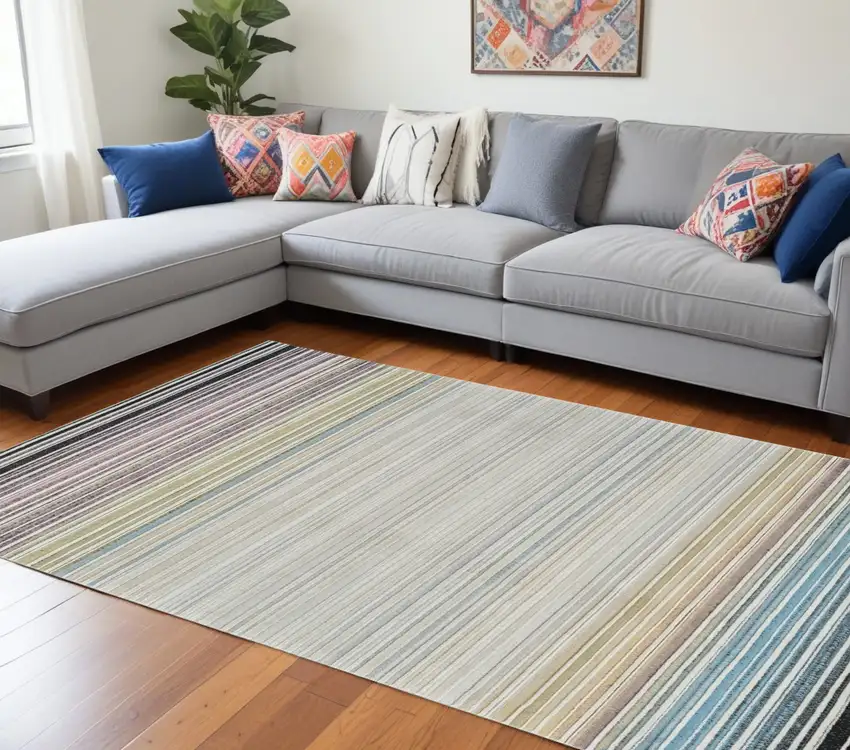 Beige and Blue Abstract Distressed Area Rug Photo 1