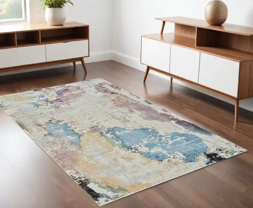 Beige and Blue Abstract Distressed Area Rug Photo 1