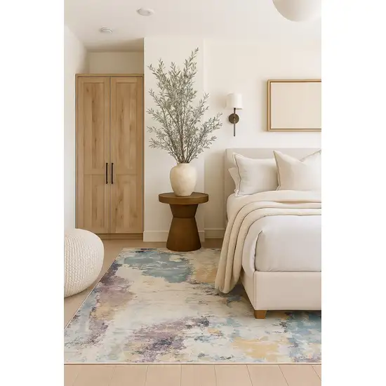 Beige and Blue Abstract Distressed Area Rug Photo 4