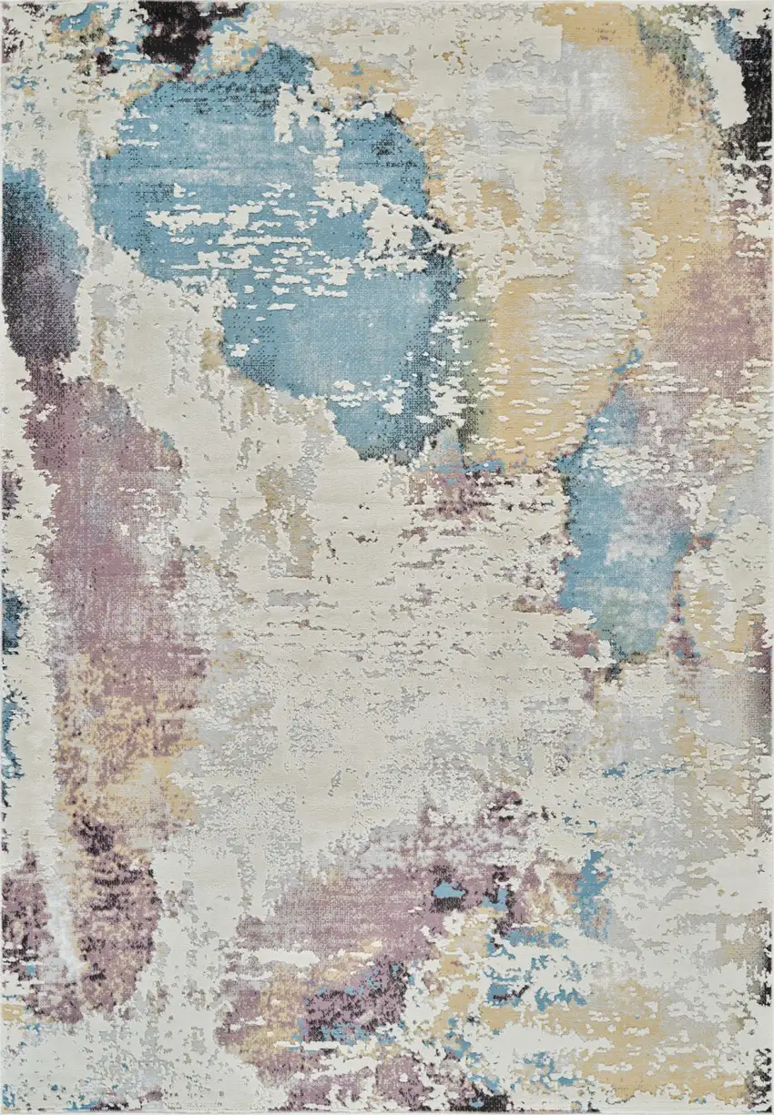 Beige and Blue Abstract Distressed Area Rug Photo 2