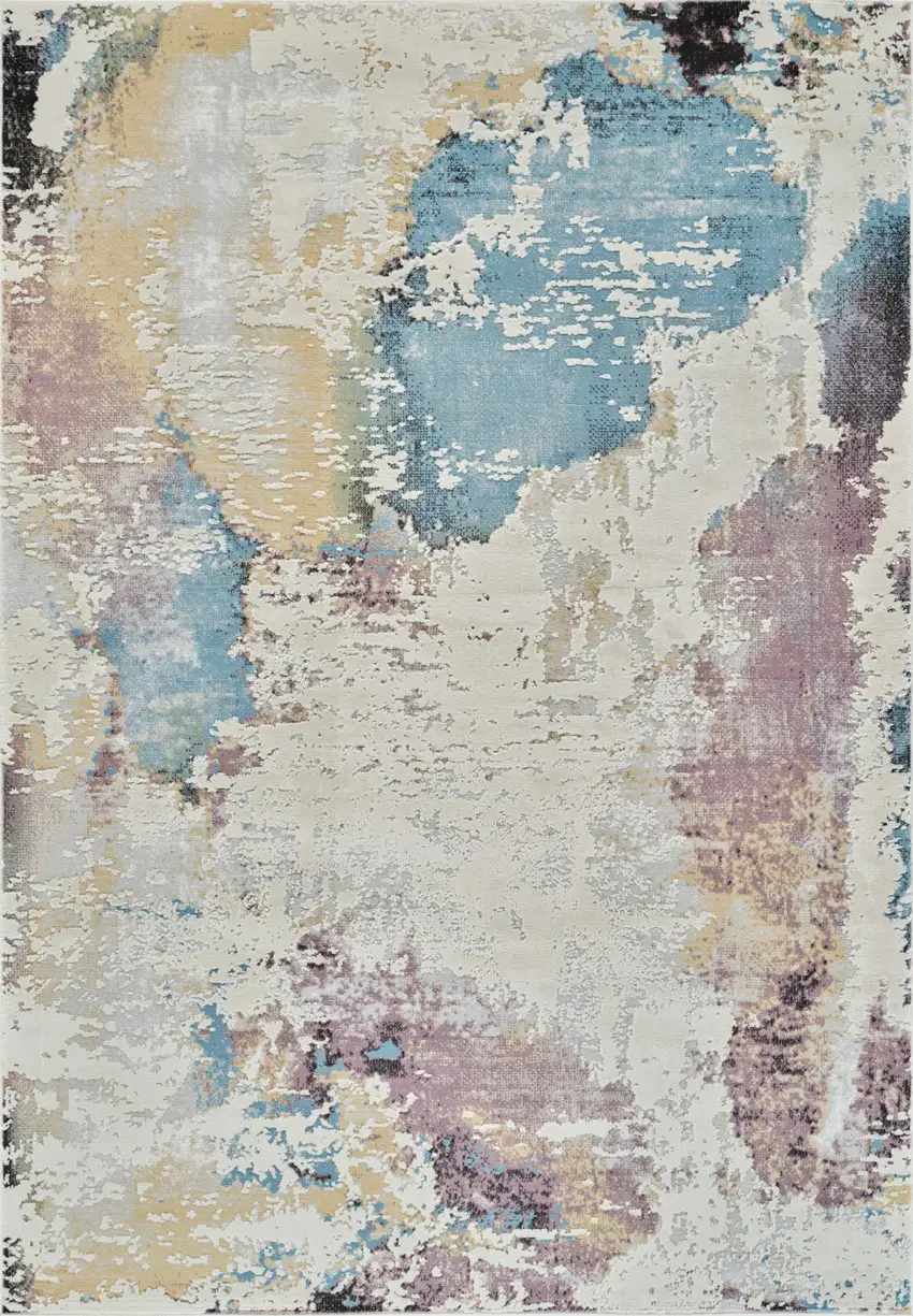 Beige and Blue Abstract Distressed Area Rug Photo 3