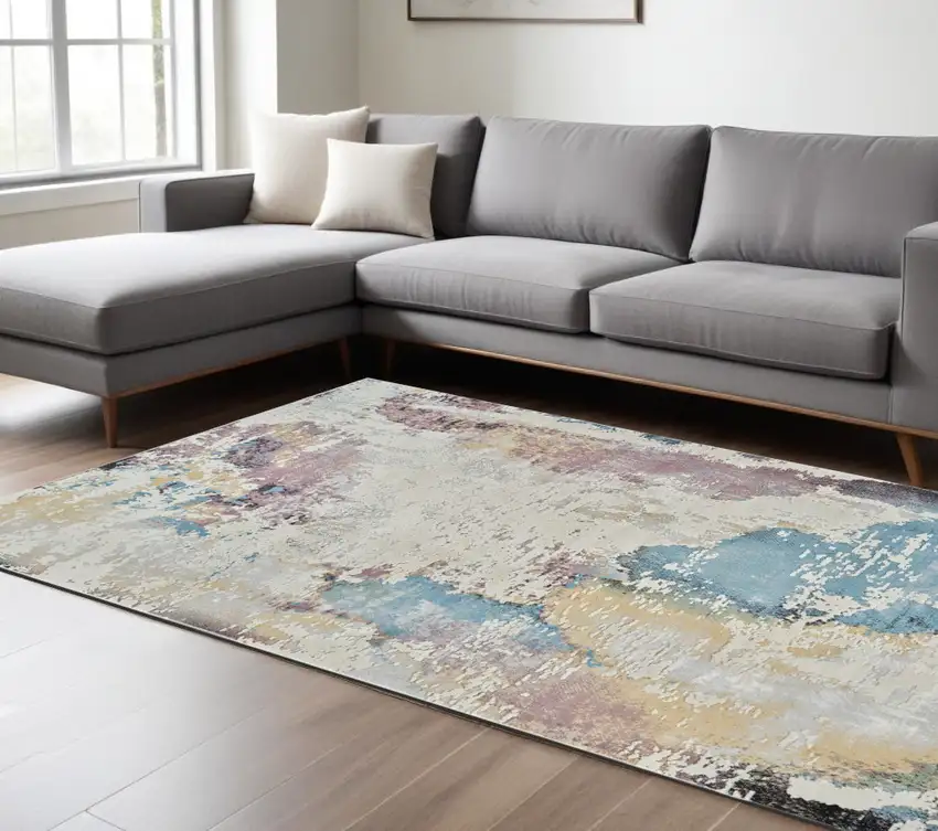 Beige and Blue Abstract Distressed Area Rug Photo 1