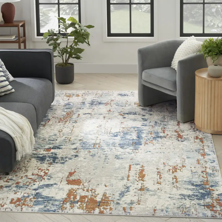 Beige and Blue Abstract Power Loom Area Rug Photo 5