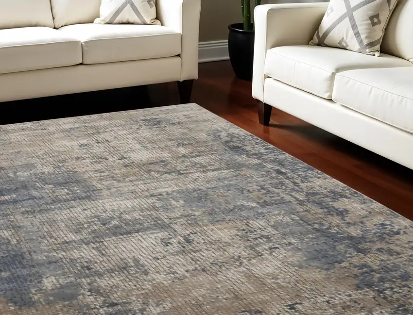 Beige and Blue Abstract Power Loom Distressed Area Rug Photo 1