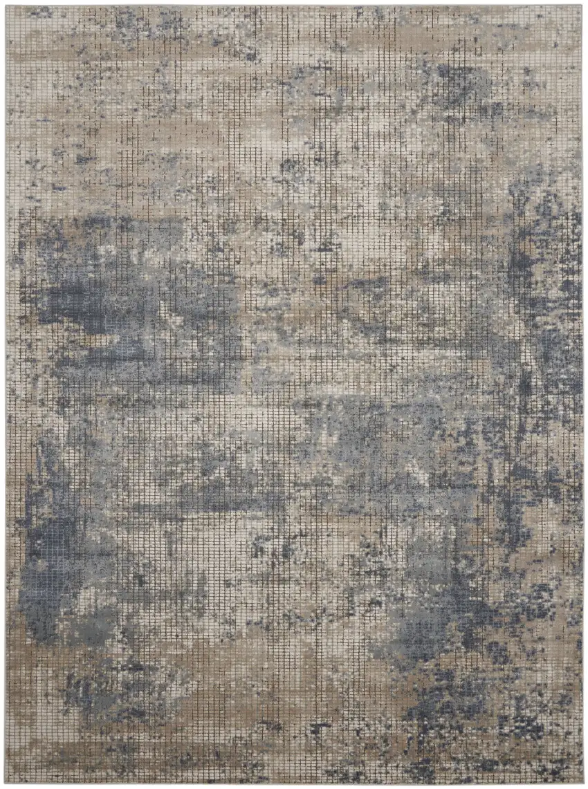 Beige and Blue Abstract Power Loom Distressed Area Rug Photo 2