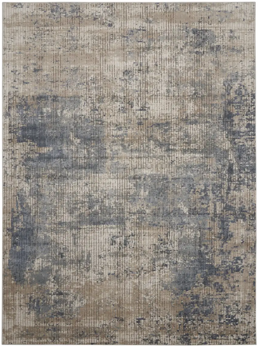 Beige and Blue Abstract Power Loom Distressed Area Rug Photo 9