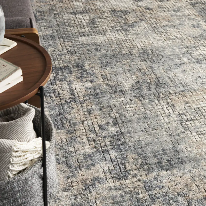 Beige and Blue Abstract Power Loom Distressed Area Rug Photo 8