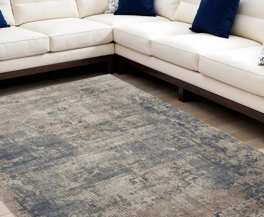 Beige and Blue Abstract Power Loom Distressed Area Rug Photo 1