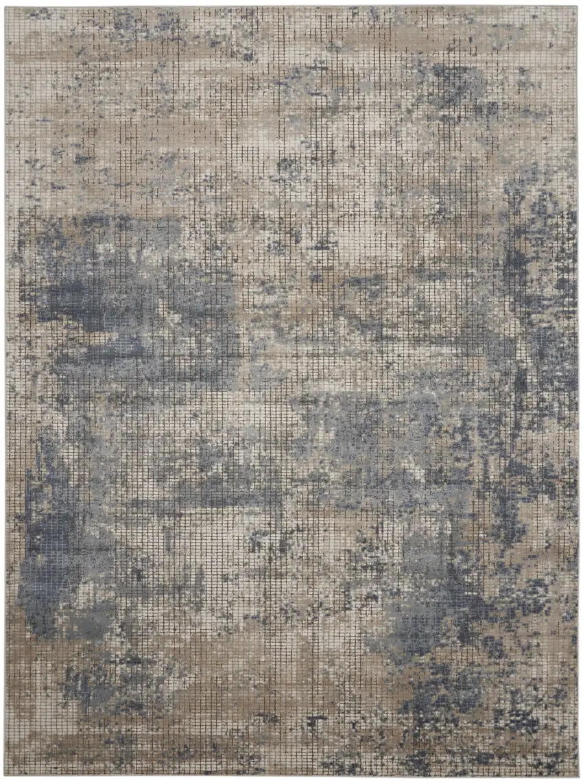 Beige and Blue Abstract Power Loom Distressed Area Rug Photo 2