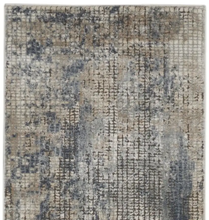 10' Beige And Blue Abstract Distressed Runner Rug Photo 3