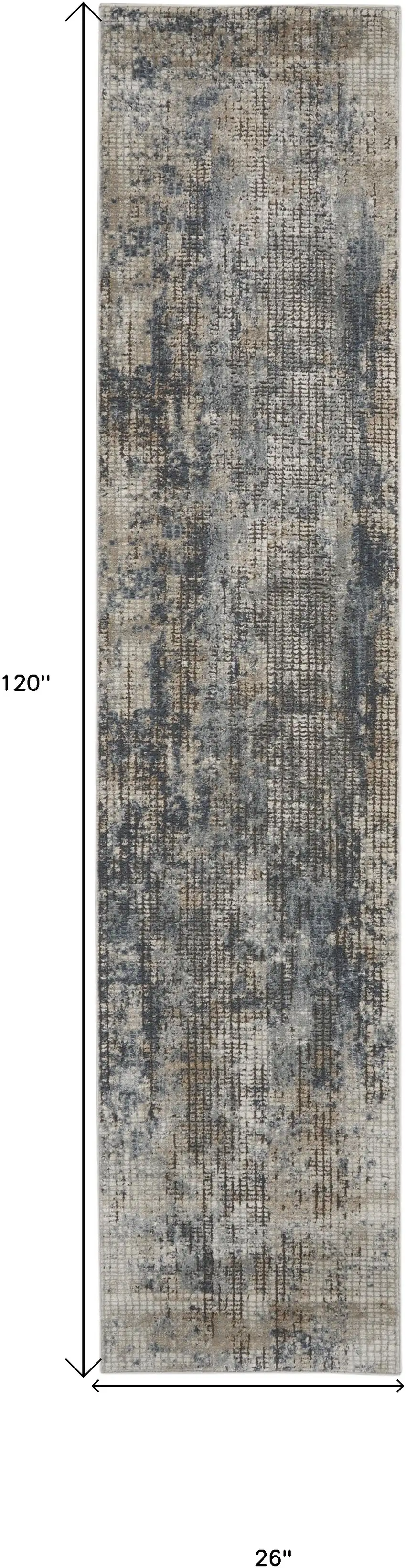 Beige and Blue Abstract Power Loom Distressed Runner Rug Photo 3