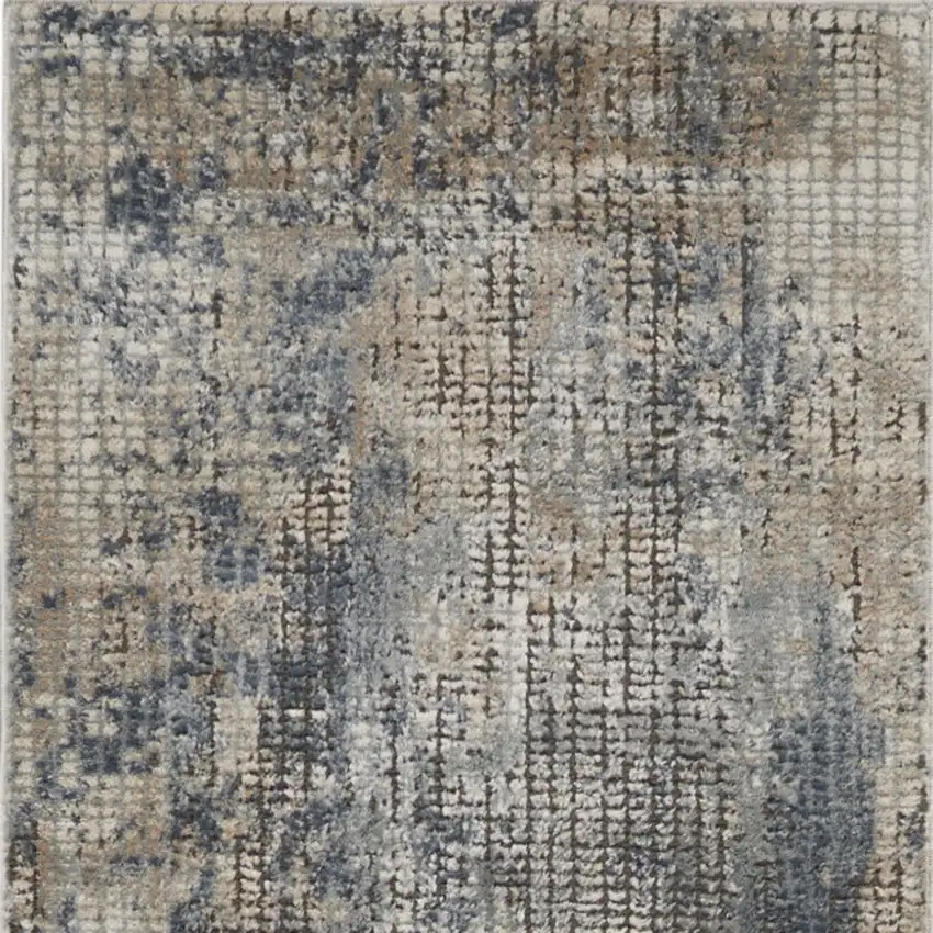 Beige and Blue Abstract Power Loom Distressed Runner Rug Photo 5