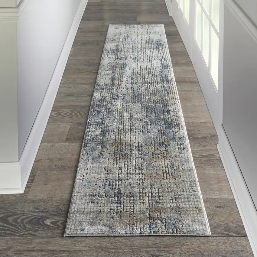 10' Beige And Blue Abstract Distressed Runner Rug Photo 5