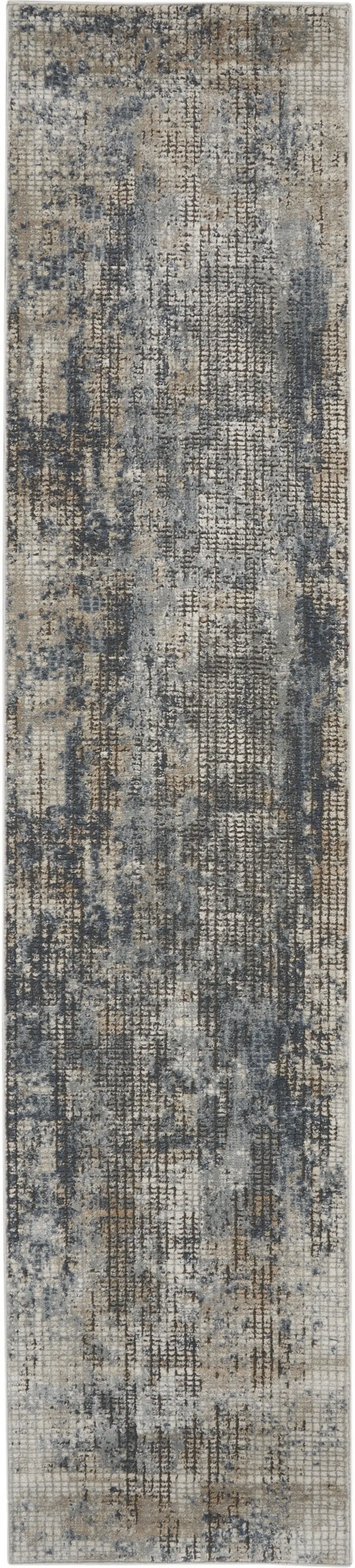 Beige and Blue Abstract Power Loom Distressed Runner Rug Photo 2
