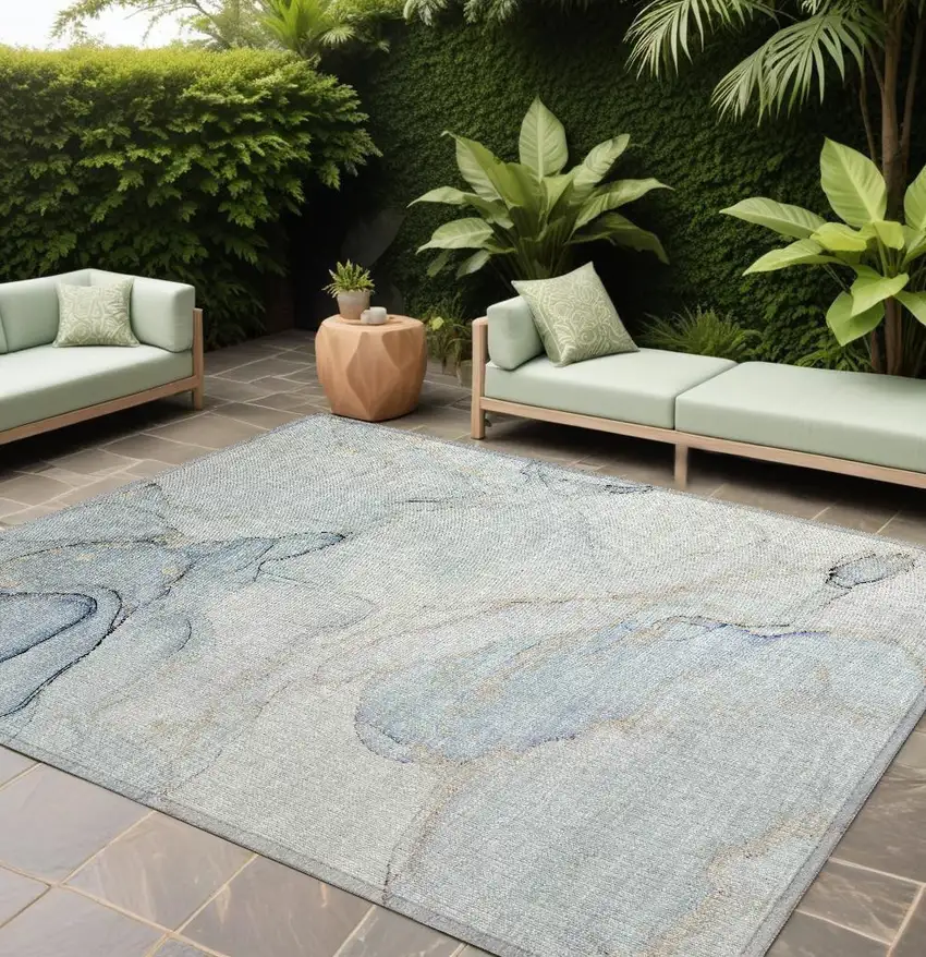Beige and Blue Abstract Washable Non Skid Indoor Outdoor Area Rug Photo 1