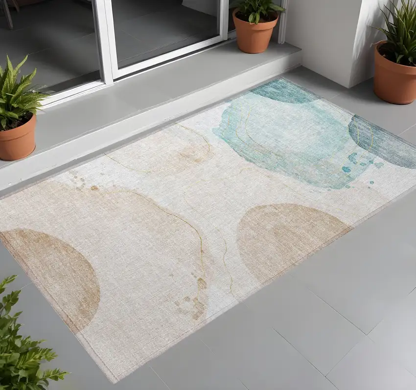 Beige and Blue Abstract Washable Non Skid Indoor Outdoor Area Rug Photo 1