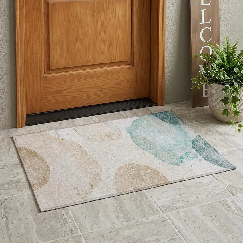 Beige and Blue Abstract Washable Non Skid Indoor Outdoor Area Rug Photo 1