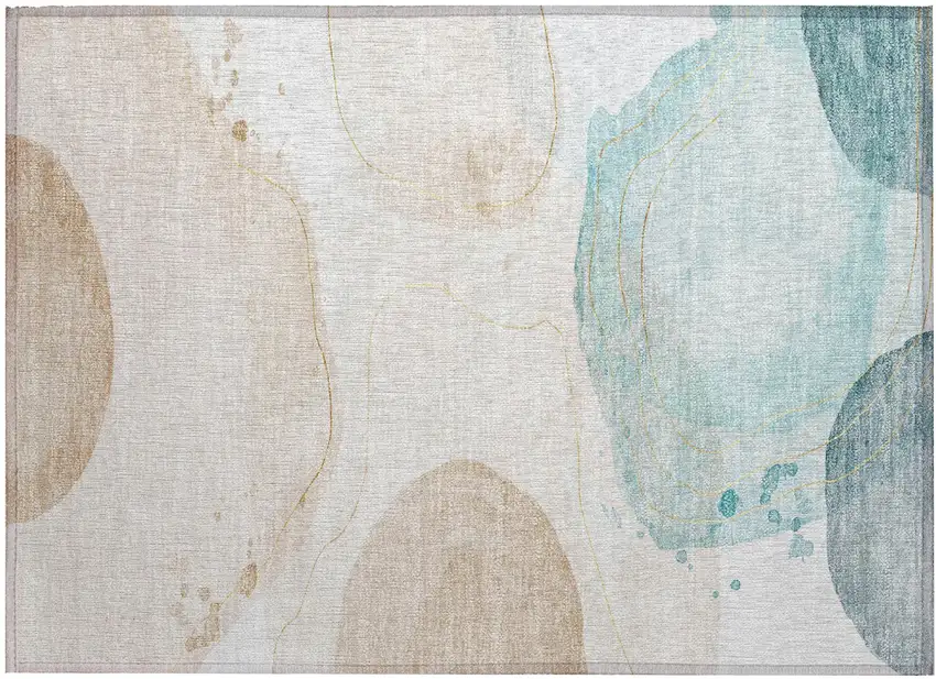 Beige and Blue Abstract Washable Non Skid Indoor Outdoor Area Rug Photo 2