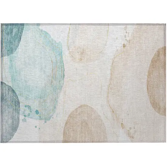 Beige and Blue Abstract Washable Non Skid Indoor Outdoor Area Rug Photo 4