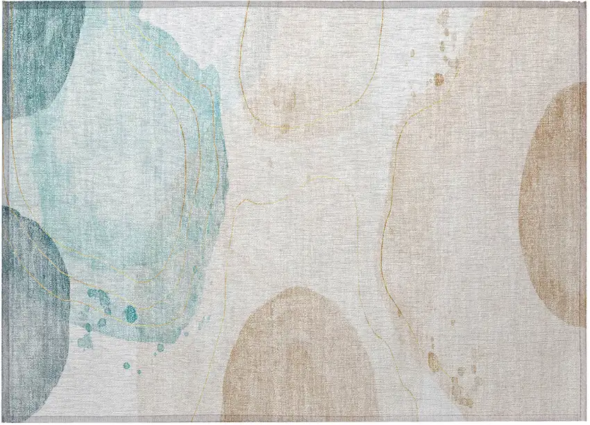 Beige and Blue Abstract Washable Non Skid Indoor Outdoor Area Rug Photo 4