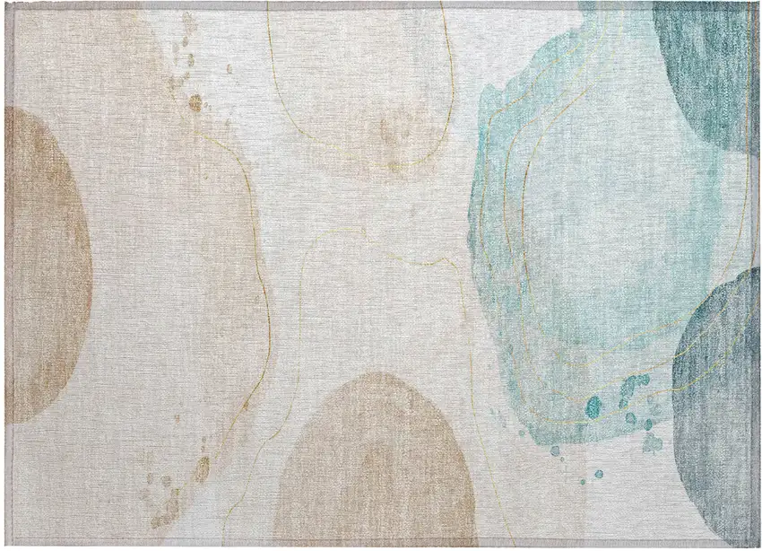 Beige and Blue Abstract Washable Non Skid Indoor Outdoor Area Rug Photo 2