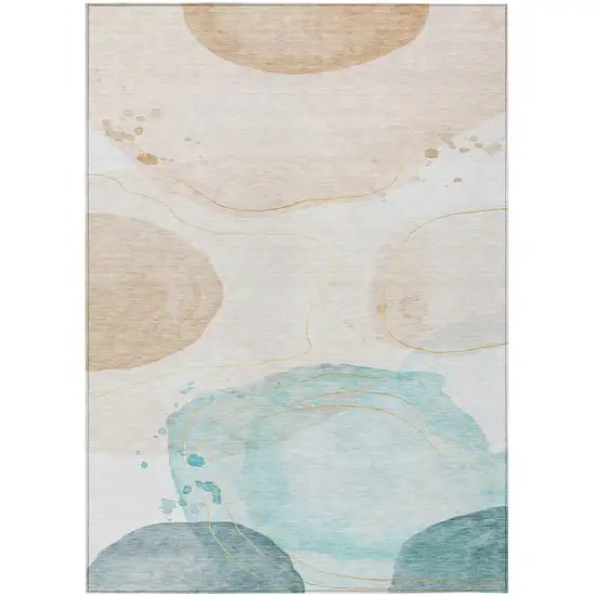 Beige And Blue Abstract Washable Indoor Outdoor Area Rug Photo 2