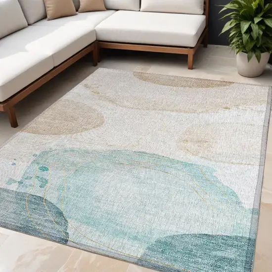 Beige And Blue Abstract Washable Indoor Outdoor Area Rug Photo 1