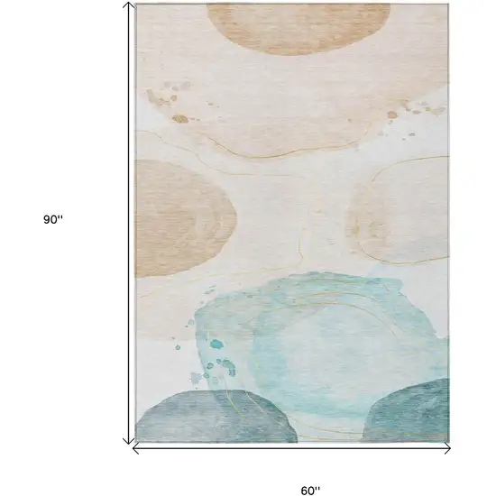 Beige And Blue Abstract Washable Indoor Outdoor Area Rug Photo 3