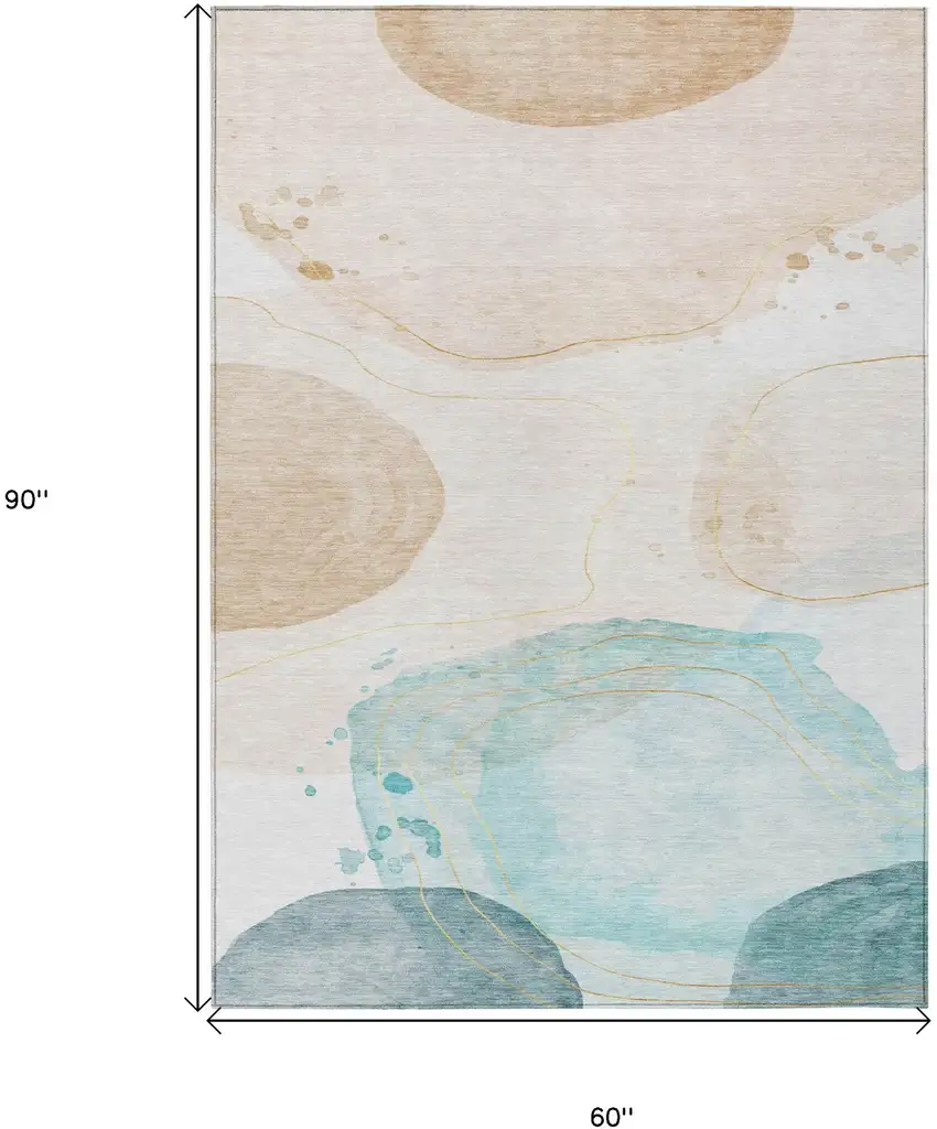 Beige And Blue Abstract Washable Indoor Outdoor Area Rug Photo 3