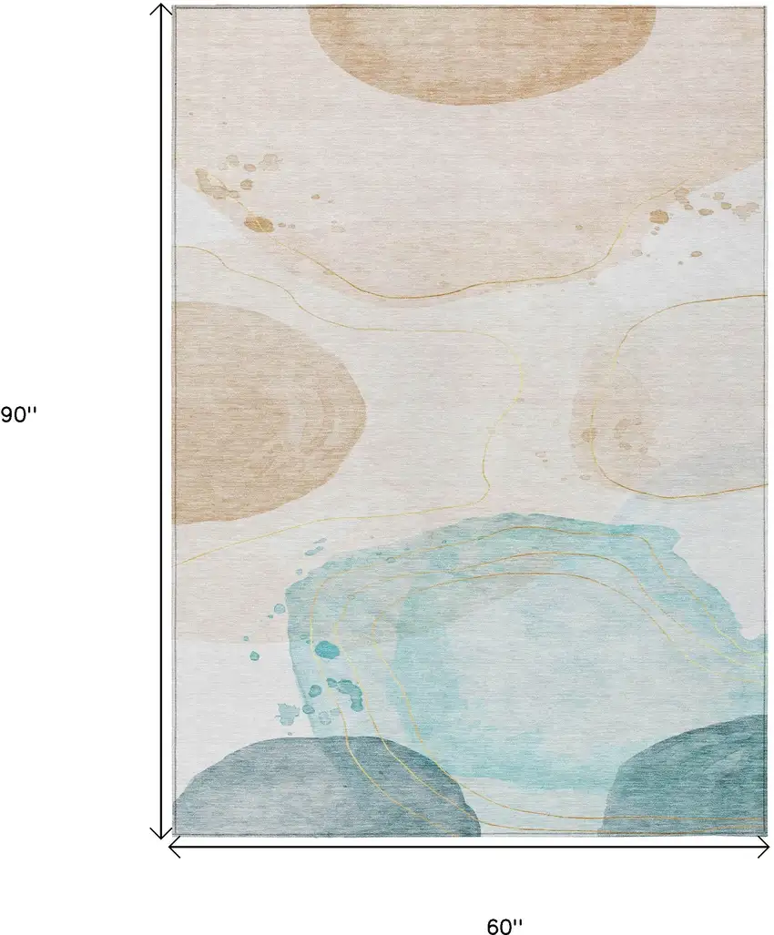 Beige and Blue Abstract Washable Non Skid Indoor Outdoor Area Rug Photo 3