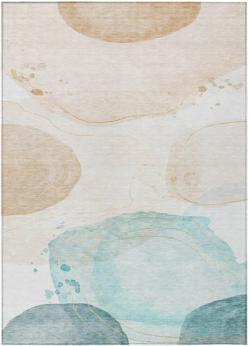 Beige and Blue Abstract Washable Non Skid Indoor Outdoor Area Rug Photo 2