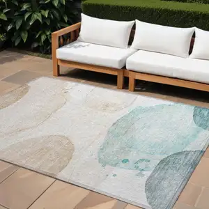 Photo of Beige and Blue Abstract Washable Non Skid Indoor Outdoor Area Rug