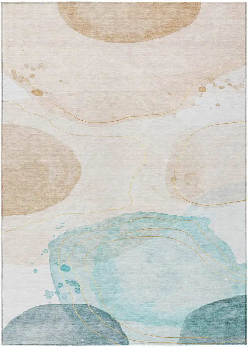 Beige and Blue Abstract Washable Non Skid Indoor Outdoor Area Rug Photo 2