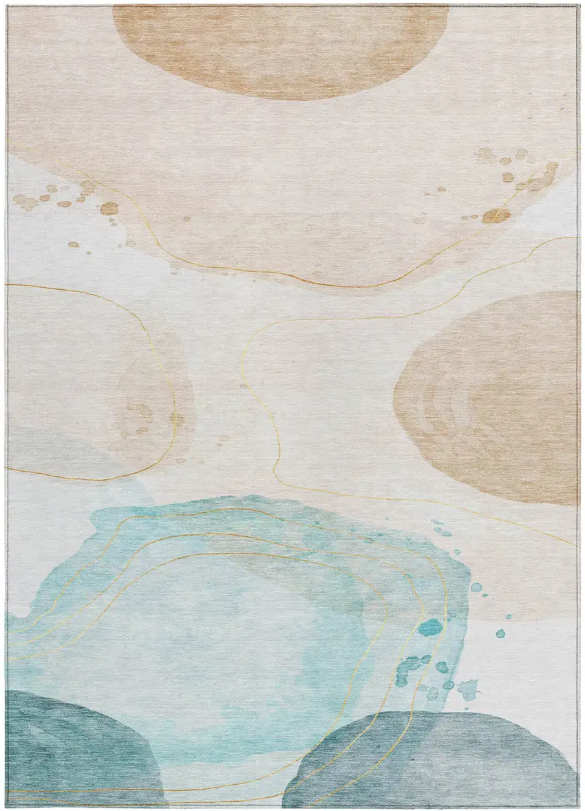 Beige and Blue Abstract Washable Non Skid Indoor Outdoor Area Rug Photo 5