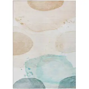 Photo of Beige and Blue Abstract Washable Non Skid Indoor Outdoor Area Rug