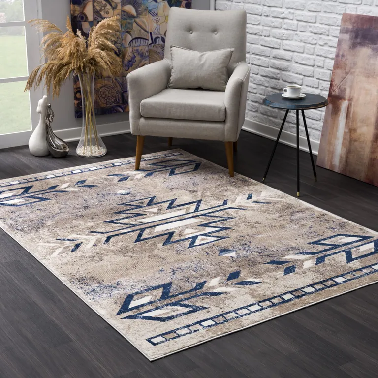Beige and Blue Boho Chic Area Rug Photo 3