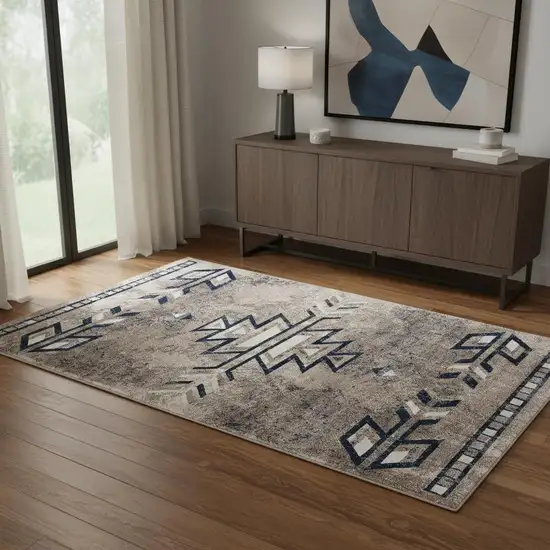 Beige And Blue Boho Chic Area Rug Photo 1