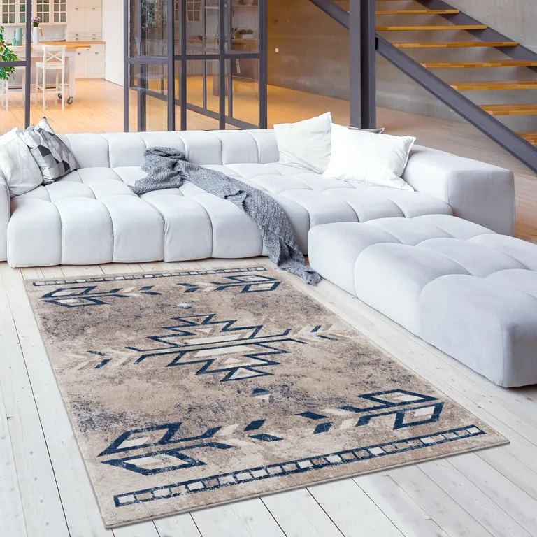 Beige and Blue Boho Chic Area Rug Photo 4