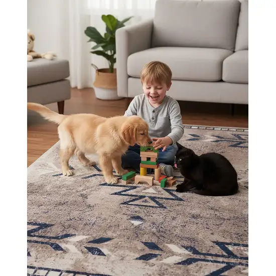 Beige And Blue Boho Chic Area Rug Photo 3