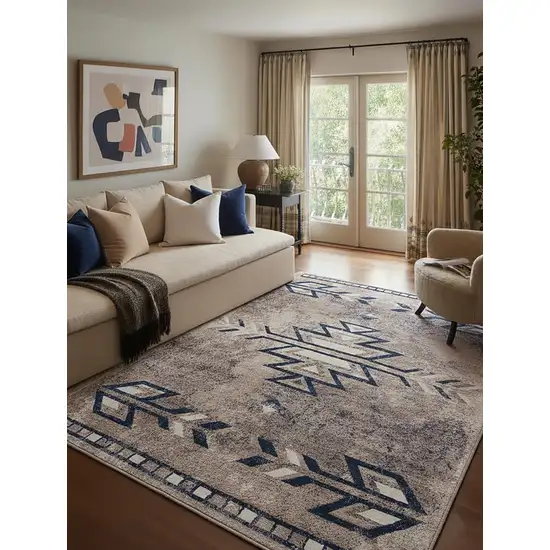 Beige And Blue Boho Chic Area Rug Photo 2