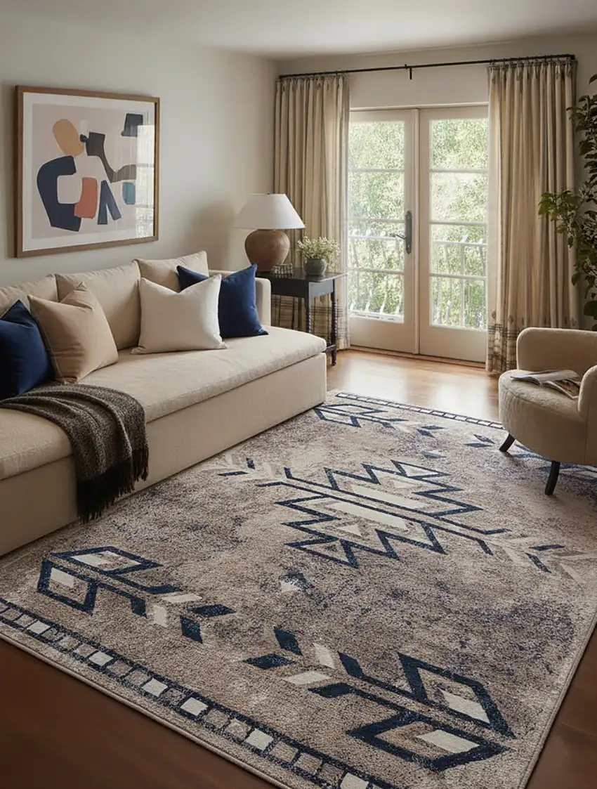 Beige And Blue Boho Chic Area Rug Photo 2