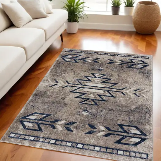 Gray Beige and Blue Southwestern Washable Area Rug Photo 1