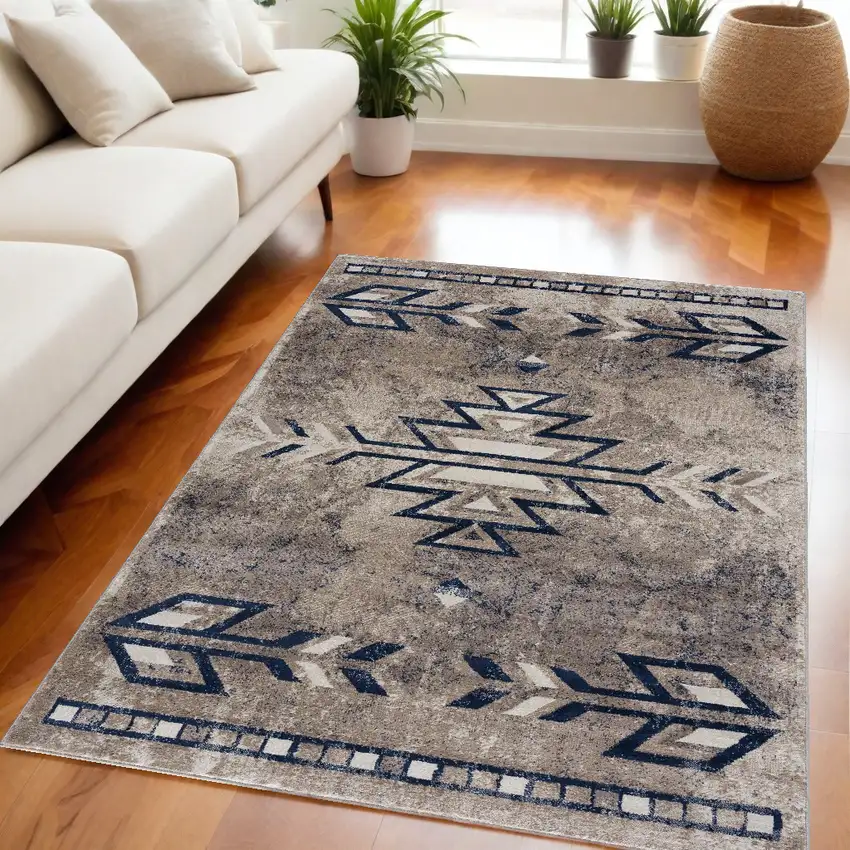 Gray Beige and Blue Southwestern Washable Area Rug Photo 1