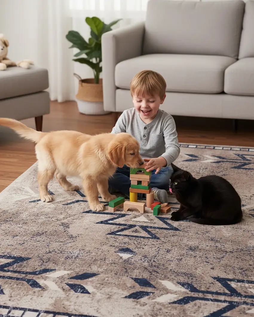 Gray Beige and Blue Southwestern Washable Area Rug Photo 4