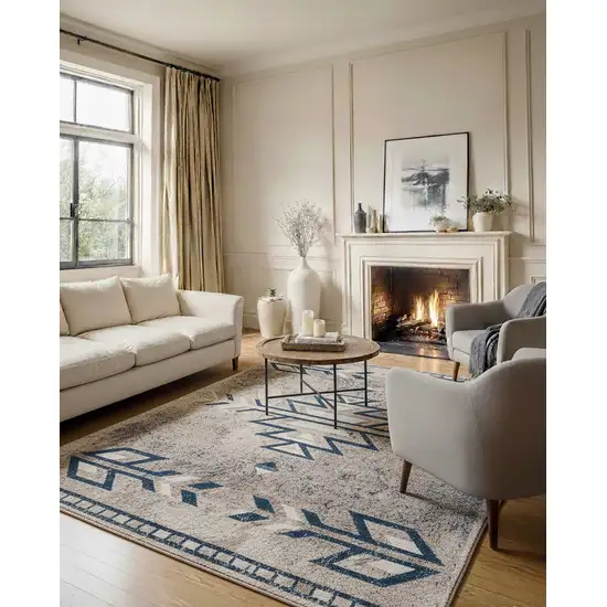Gray Beige and Blue Southwestern Washable Area Rug Photo 9